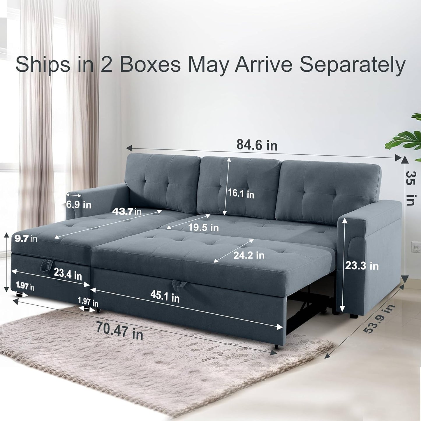 Naomi Home Transform Any Space: Sleeper Sectional Sofa with Convertible Sofa Bed & Inviting Chaise. Find Tranquil Comfort with Stress-Relieving Design & Durable Cushions - Dark Gray/Velvet