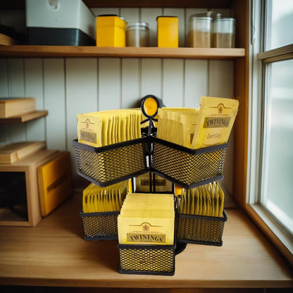 Tea Bag Organizer Coffee Holder Storage Spinning Carousel Basket Black Adjustable Tea Caddy For Kitchen Counter, Countertop, Cabinet