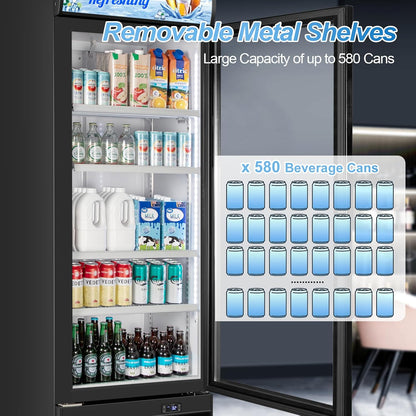 Tylza Commercial Refrigerator with Glass Door Display Beverage Fridge, 11.15 Cu Ft Upright Beverage Cooler Merchandiser with Replaceable Advertising Light Board, Rebound Door, Fast Cooling, Black