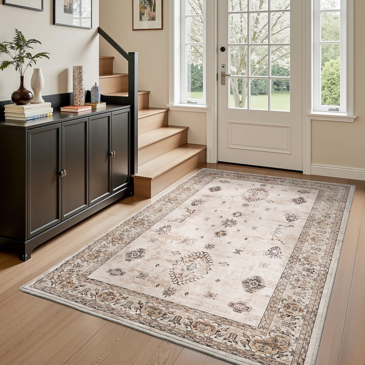 AMOAMI-Vintage Area Rug 3x5 Brown Rugs for Living Room-Soft Washable Rug Non Slip Entryway Rug Indoor Vintage Throw Accent for Bedroom Laundry Room Dining Bathroom Bedside