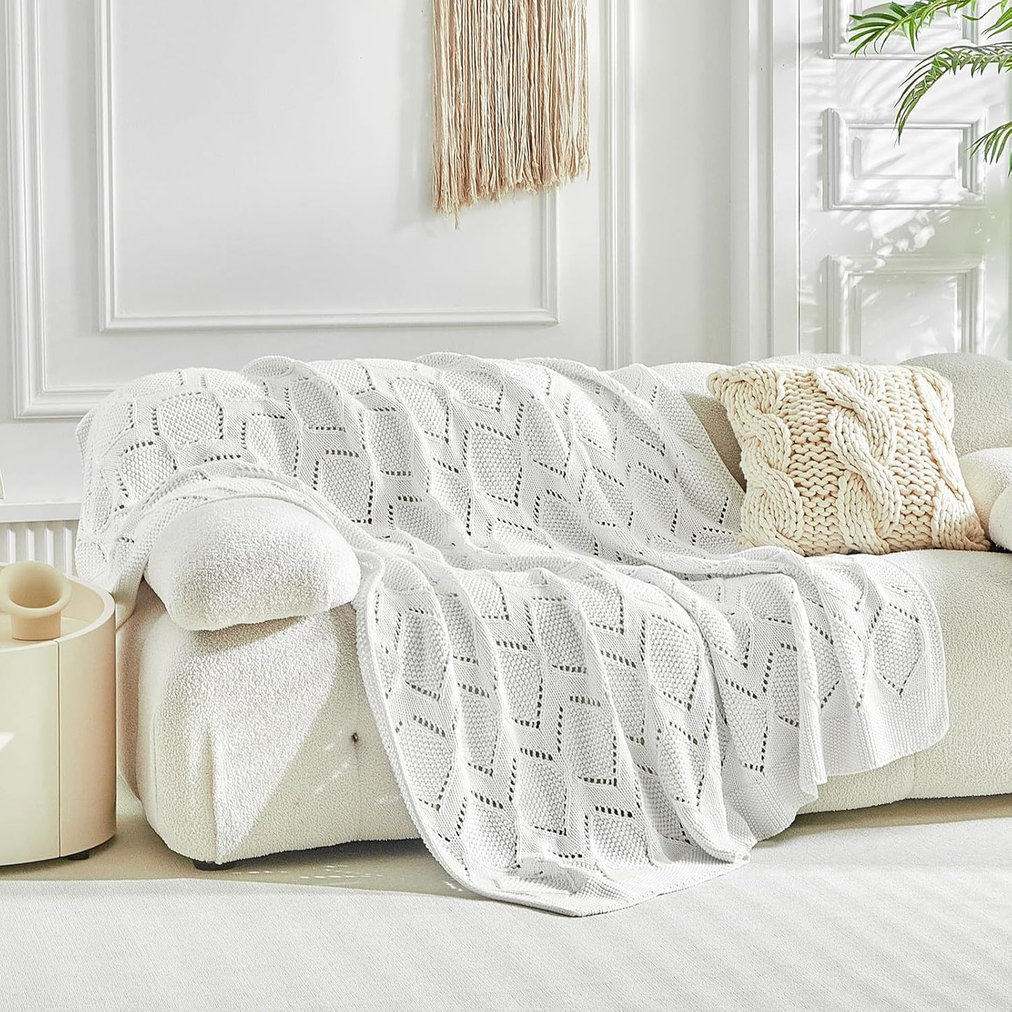 Longhui bedding Chunky Cotton Knit Throw Blanket for Couch, Sofa, Bed, or Chair, Decorative Breathable Fall Cable Knit Blanket 60 x 80 Inches, Large Medium Weight Cream