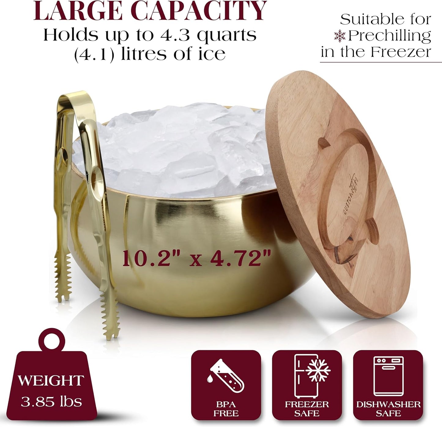 Gusto Nostro 4.1L Insulated Ice Bucket with Lid and Tongs, Double Wall Stainless Steel Ice Bucket Large, BPA Free Ice Bucket for Cocktail Bar, Keeps Champagne, Wine, Beer Chill for Parties (Gold)