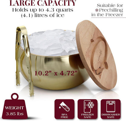 Gusto Nostro 4.1L Insulated Ice Bucket with Lid and Tongs, Double Wall Stainless Steel Ice Bucket Large, BPA Free Ice Bucket for Cocktail Bar, Keeps Champagne, Wine, Beer Chill for Parties (Gold)
