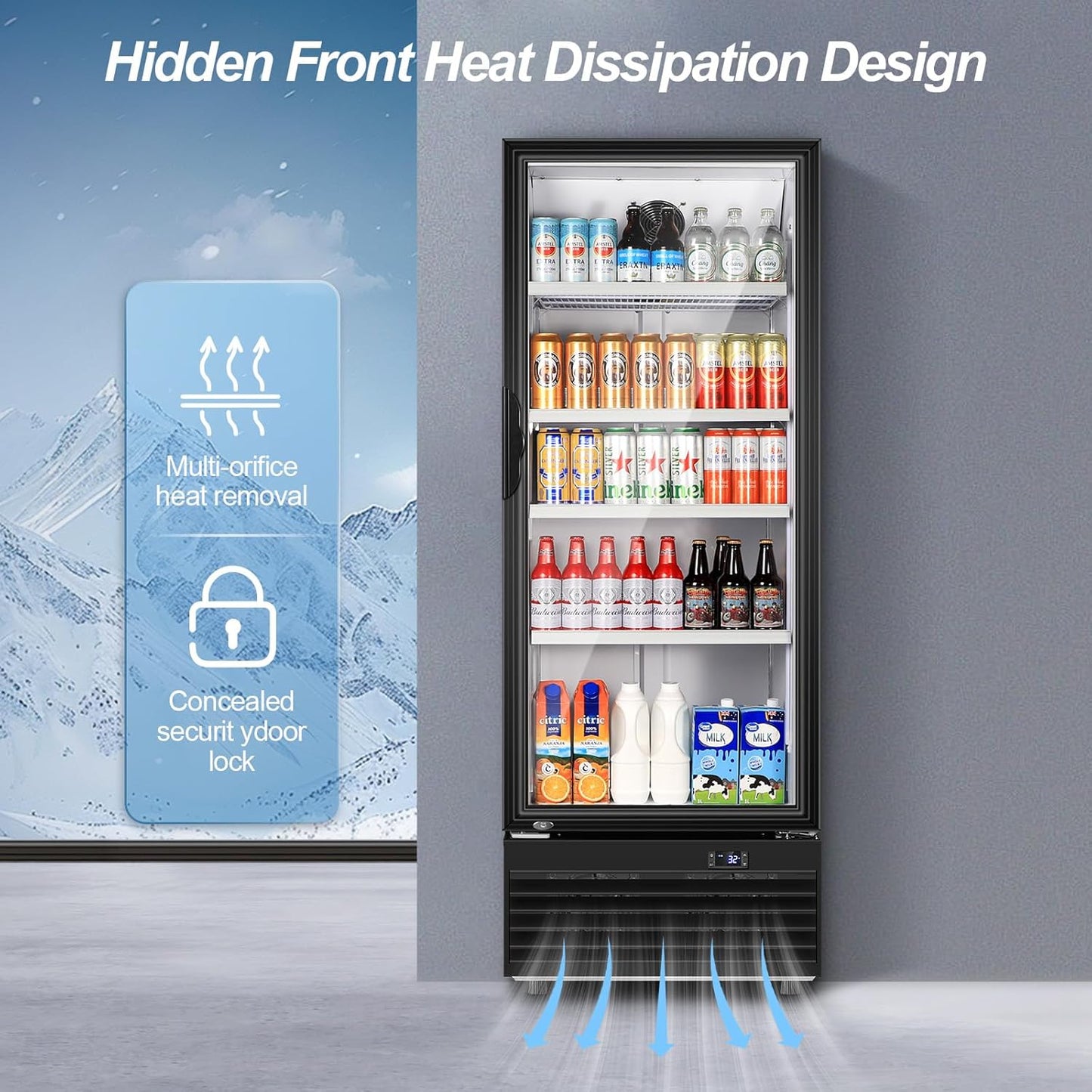 Tylza Commercial Refrigerator with Glass Door Display Beverage Fridge, 350L Upright Beverage Cooler Merchandiser with Rebound Door, Fast Cooling, Low Noise, Black