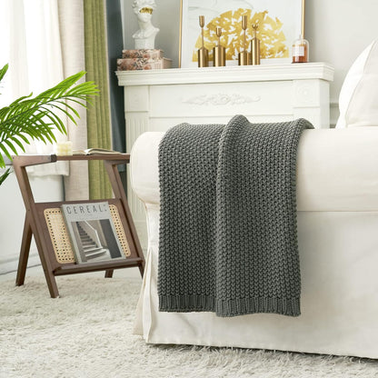 Longhui bedding Chunky Cable Knit Throw Blanket Lightweight Grey 100% Organic Cotton Blanket for Sofa Couch Bed Baby Nursery, Rustic Shabby Chic Modern Farmhouse, Gray 60” x 80” Give Laundering Bag