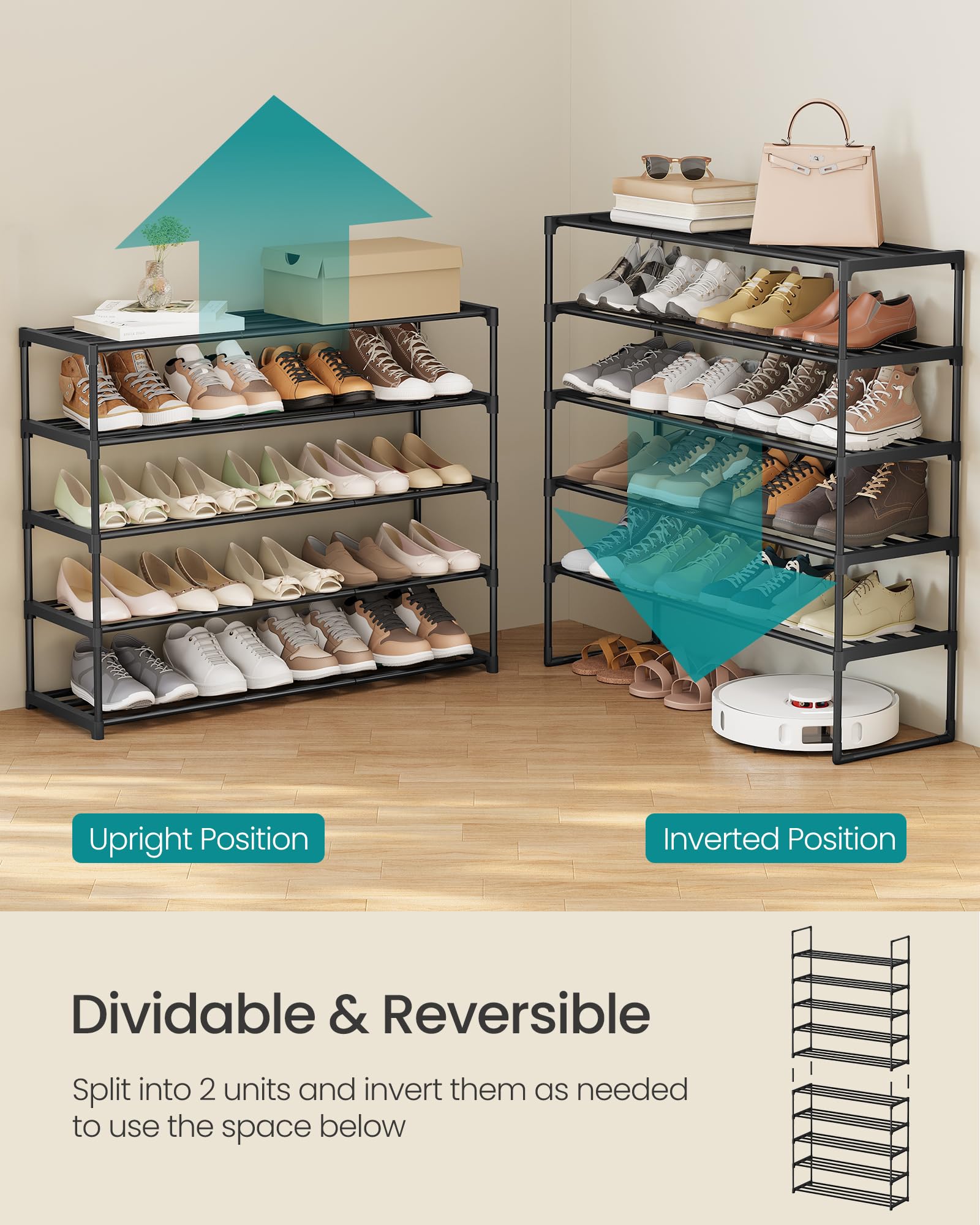SONGMICS Shoe Rack, 10-Tier Shoe Organizer, Metal Storage Shelf, Upright or Upside Down, for 44-55