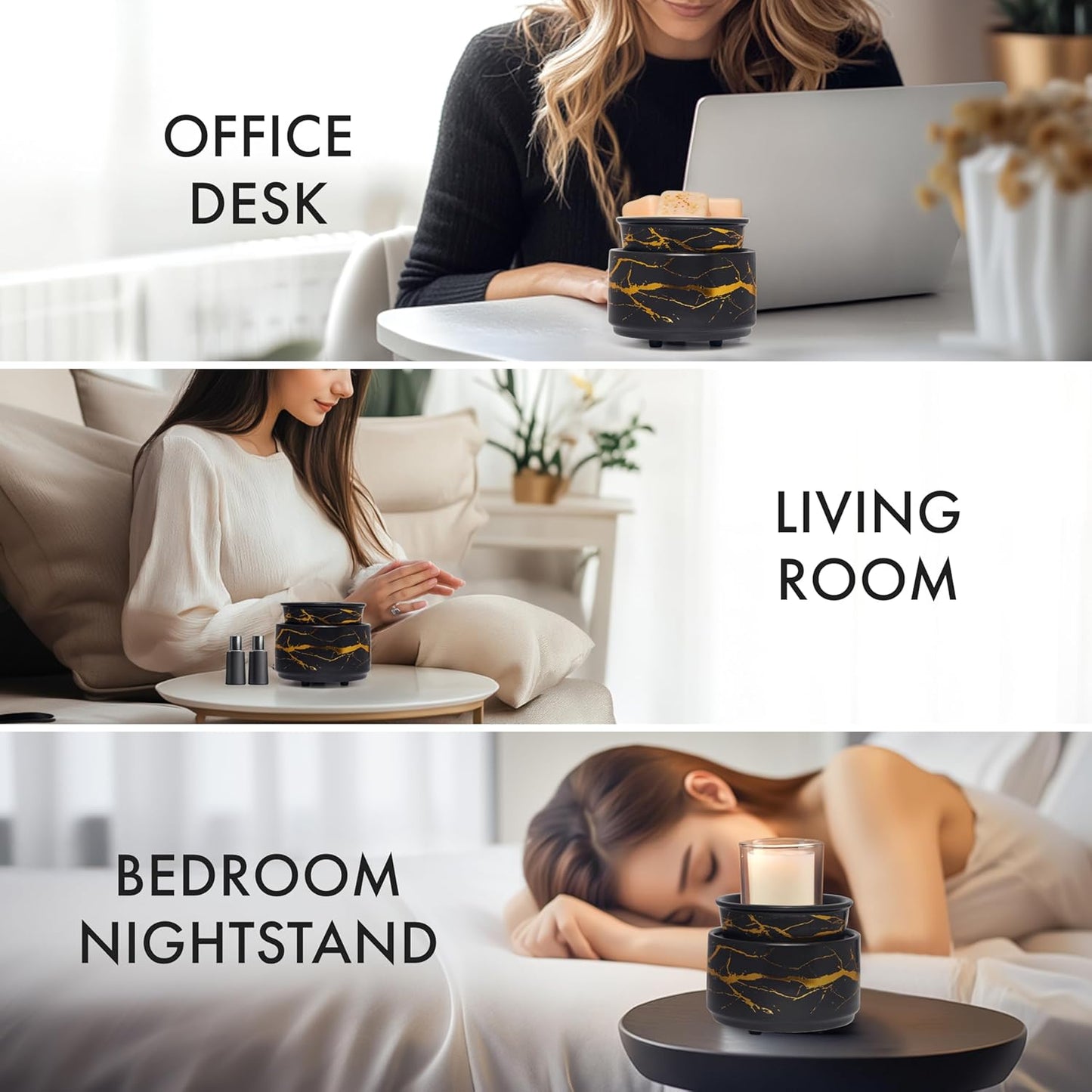 PALANCHY Wax Melt Warmer Ceramic 3-in-1 Oil Burner Electric Candle Wax Warmer Burner Melter Fragrance Warmer for Scented Waxs Home Office Bedroom Aromatherapy Gift& Décor (Black Gold)