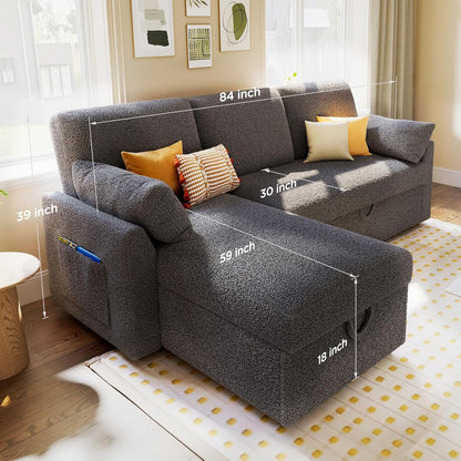 VanAcc Sofa Bed, Sleeper Sofa with Storage Chaise- 2 in 1 Pull Out Couch Living Room, Comfy Sleeper Couch, Grey Boucle