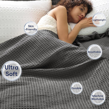 PHF Ultra Soft Waffle Weave Blanket King Size 104"x 90"- Washed Lightweight Breathable Cozy Woven Blanket for Bed - Aesthetic Decor for Couch Bedding Sofa Home Car - Grey