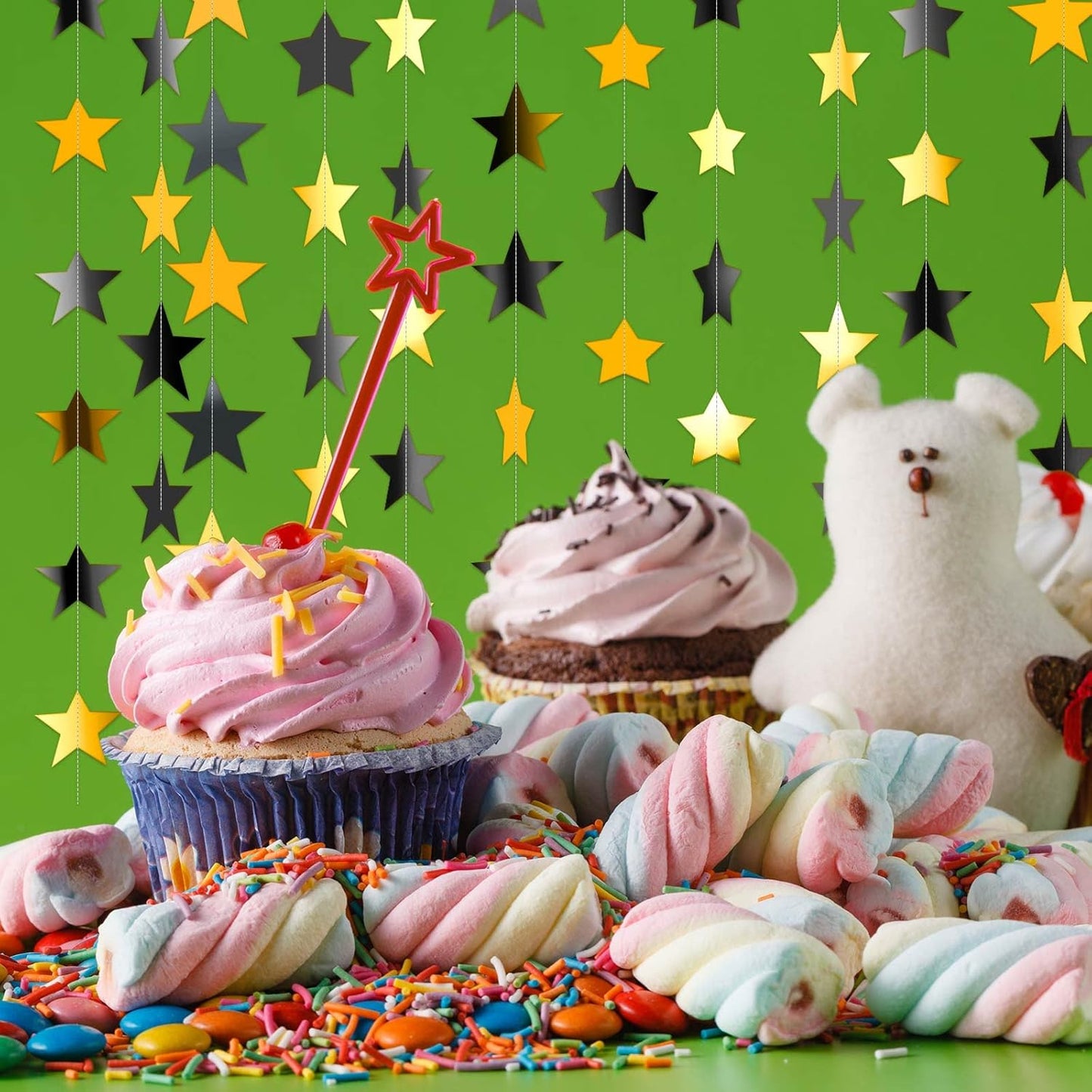 Patelai Glitter Star Garland Banner Decor 130 Feet Star Hanging Bunting Banner Twinkle Backdrop for Homecoming Classroom Wedding Birthday Halloween Christmas Party Supplies(Black, Gold)