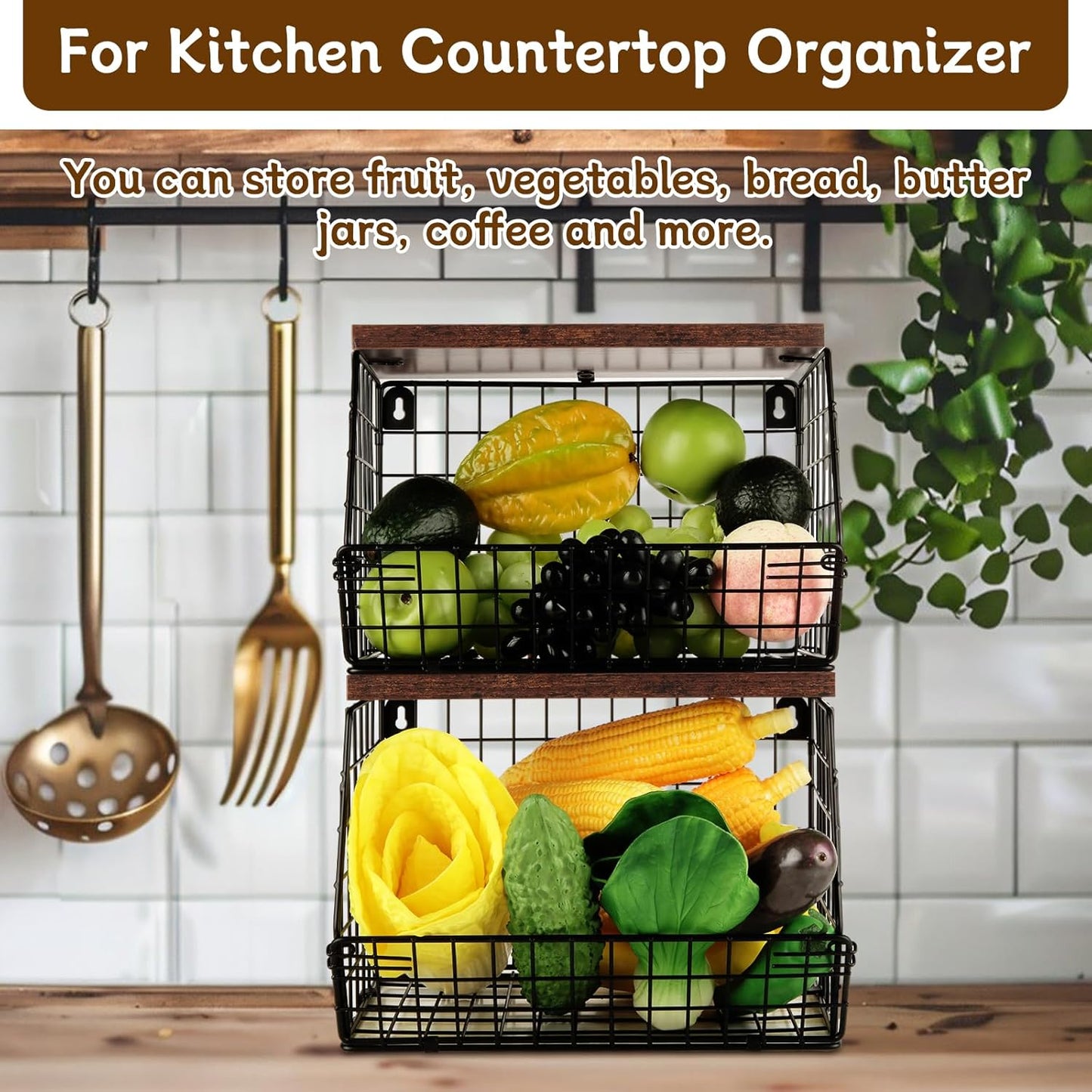 CYEAH 2 Pcs Stackable Fruit Basket for Kitchen, Hanging Wall Fruit Basket with Wood Lid, Space Saving Wall Mounted Mesh Metal Wire Baskets, Kitchen Counter Organizer for Snack, Onion, Potato Storage