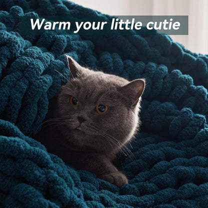 Chunky Knit Throw Blanket, 50''*60'' Knitted Throw Chenille Yarn for Bed Couch, Handmade Peacock Blue Crochet Big Thick Blanket, Machine Washable Cute Comfy Blanket for Home Decor