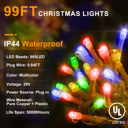 KNONEW 99ft 960 LED Christmas Lights Outdoor Decorations with 180 Drops, 8 Modes Curtain Fairy Light, Clear Wire LED String Light Indoor Decor for Wedding Party Christmas(Multicolor)