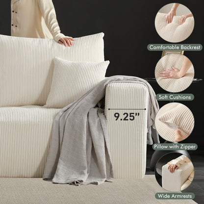 Boneless Cloud Couch Sofa for Living Room, 112" 3 Seater Beige Modern Lounge Sleeper Couch, No Assemble, Cordury Compression Upholstered Couches