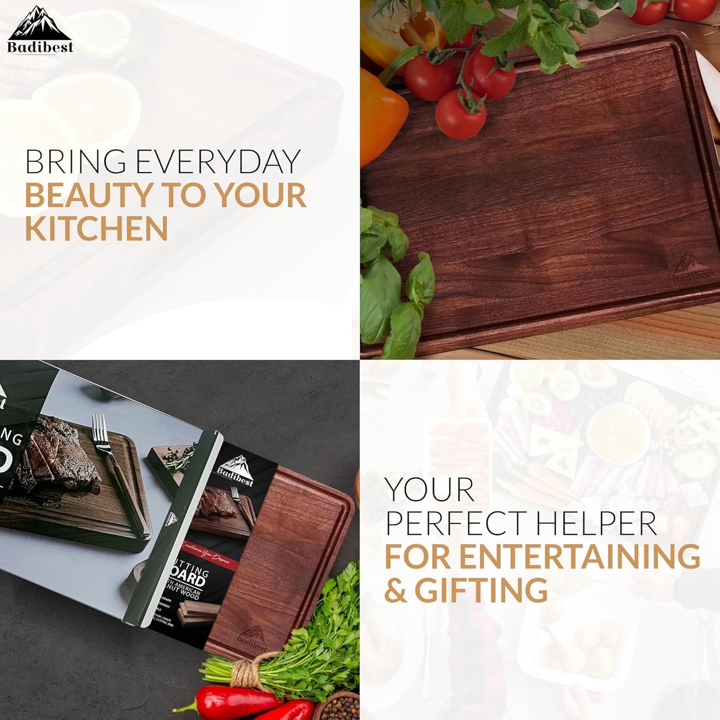 Handcrafted Walnut Wood Cutting Board 18x12, Non Toxic Kitchen Chopping Board with Juice Groove Charcuterie Serving Board, Eco & Knife Friendly Small Wooden Cutting Boards for Kitchen, Restaurant Use