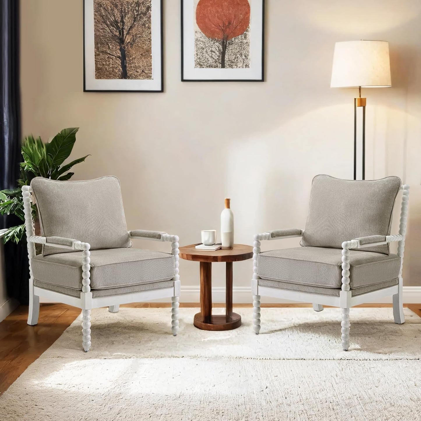 DUHOME Linen Fabric Spindle Accent Chairs Set of 2 with Wood Frame,Modern Accent Chairs with Padded Spring Seat and Brushed White Base for Living Room Bedroom Farmhouse Home Office Belcony