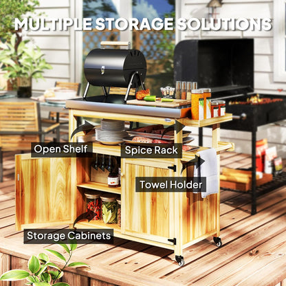Outsunny Outdoor Grill Cart with Wheels and Storage, Solid Wood Outdoor Kitchen Island with Stainless Steel Top, Movable Bar Cart with Spice Rack, Side Handle, Integrated Hole for BBQ, Natural Wood