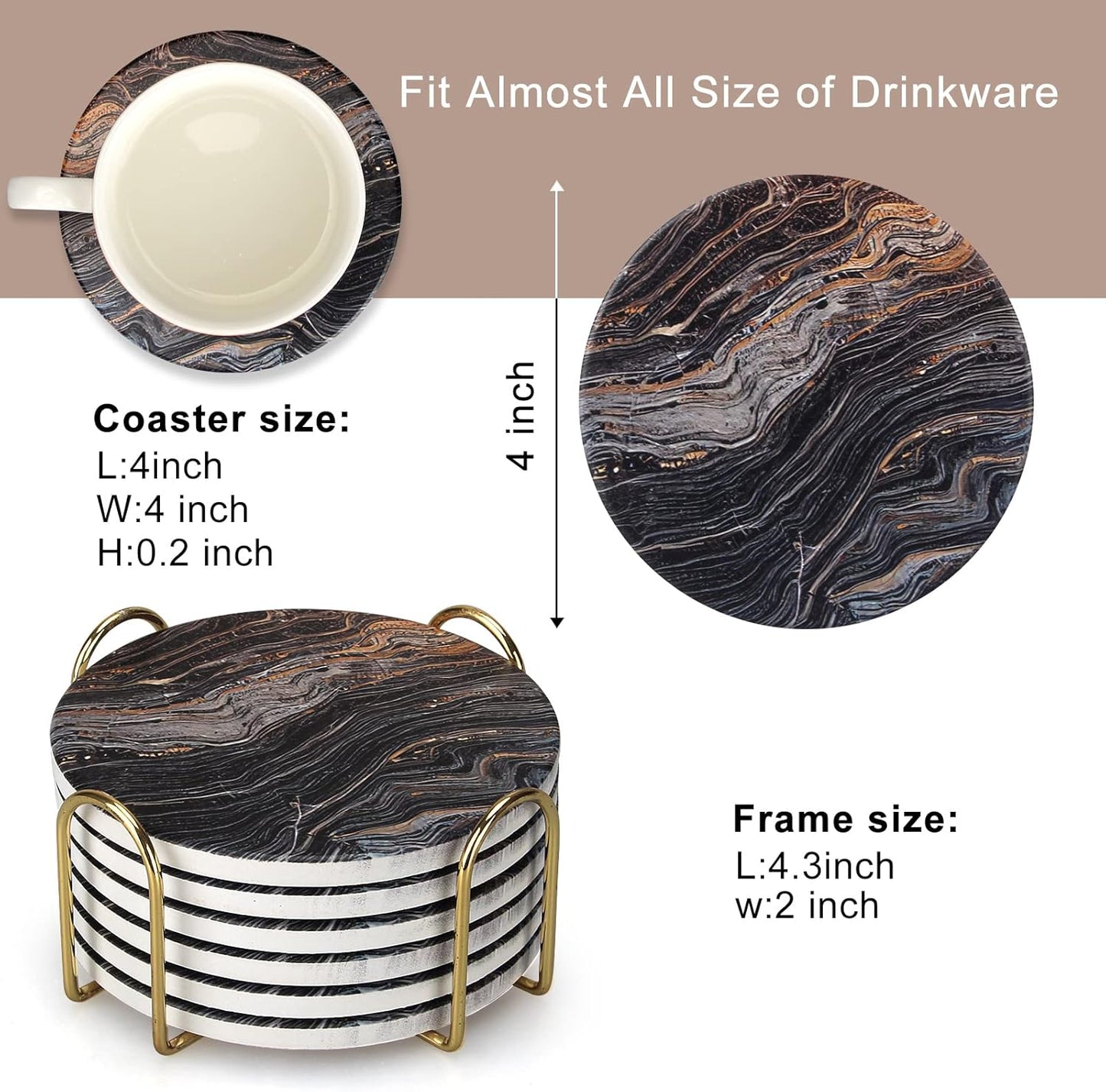 White Marble Style Ceramic Coasters Set of 6 with Holder Round Modern Coffee Table Decor Drink Coaster Gifts Absorbent Stone Coasters for Rustic Farmhouse Bar