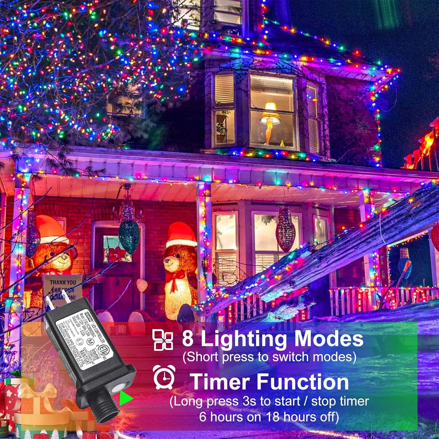 100FT 300 LED Christmas Lights Outdoor, Multicolor Christmas String Lights with 8 Modes Waterproof, Green Wire Twinkle Tree Light for Indoor Home Garden Patio Xmas Party Decorations