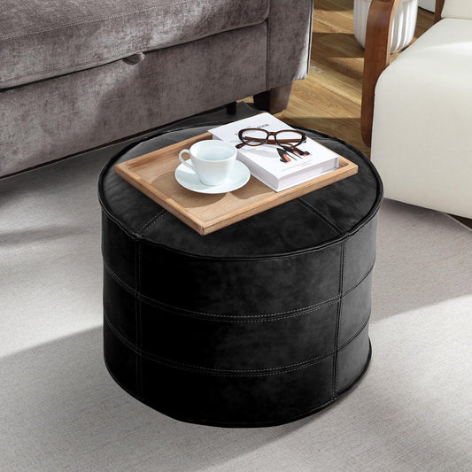 Round Leather Ottoman,Handmade Stuffed Ottoman,Genuine Leather Pouf, Foot Rest Pouf,Comfortable
