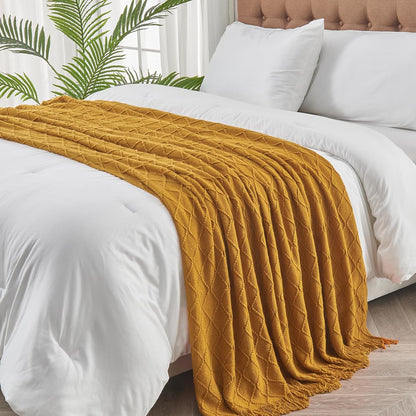 inhand Knitted Fall Throw Blanket for Couch and Bed, Knit Fall Decor Halloween Blanket with Tassel, Brown Lightweight Decorative Farmhouse Warm Woven Blankets and Throws for Women, 50"x60"