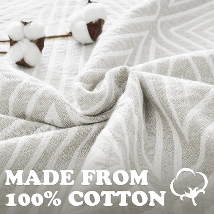 jinchan Boho 100% Cotton Blanket Muslin Twin Size 60x80 Inches Lightweight 3-Layer Geometric Triangle Striped Reversible Quilt Throw Soft Breathable Comfy All Seasons for Couch Bed Decor, Light Grey