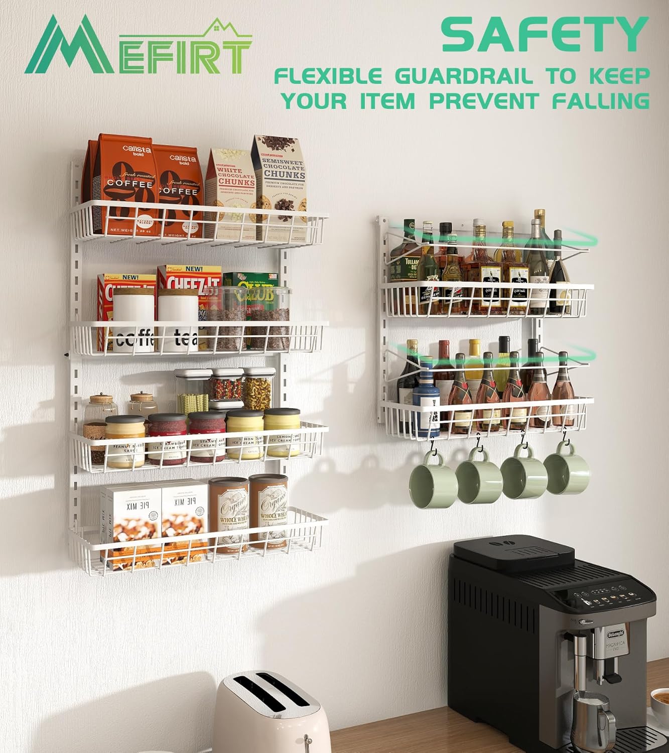 Over The Door Pantry Organizer, Wall Mount Spice Rack, Pantry Hanging Storage and Organization, 6 Adjustable Baskets Heavy-Duty Metal for Home & Kitchen, Back of Door Seasoning Rack - White