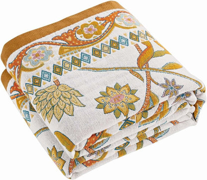 Fall Throw Blanket for Couch, Brown Boho Decorative Throw Blanket, 100% Cotton Muslin Breathable Woven Farmhouse Blankets Quilt, 50"x60" Reversible Lightweight Blankets Bohemian Throw Quilt