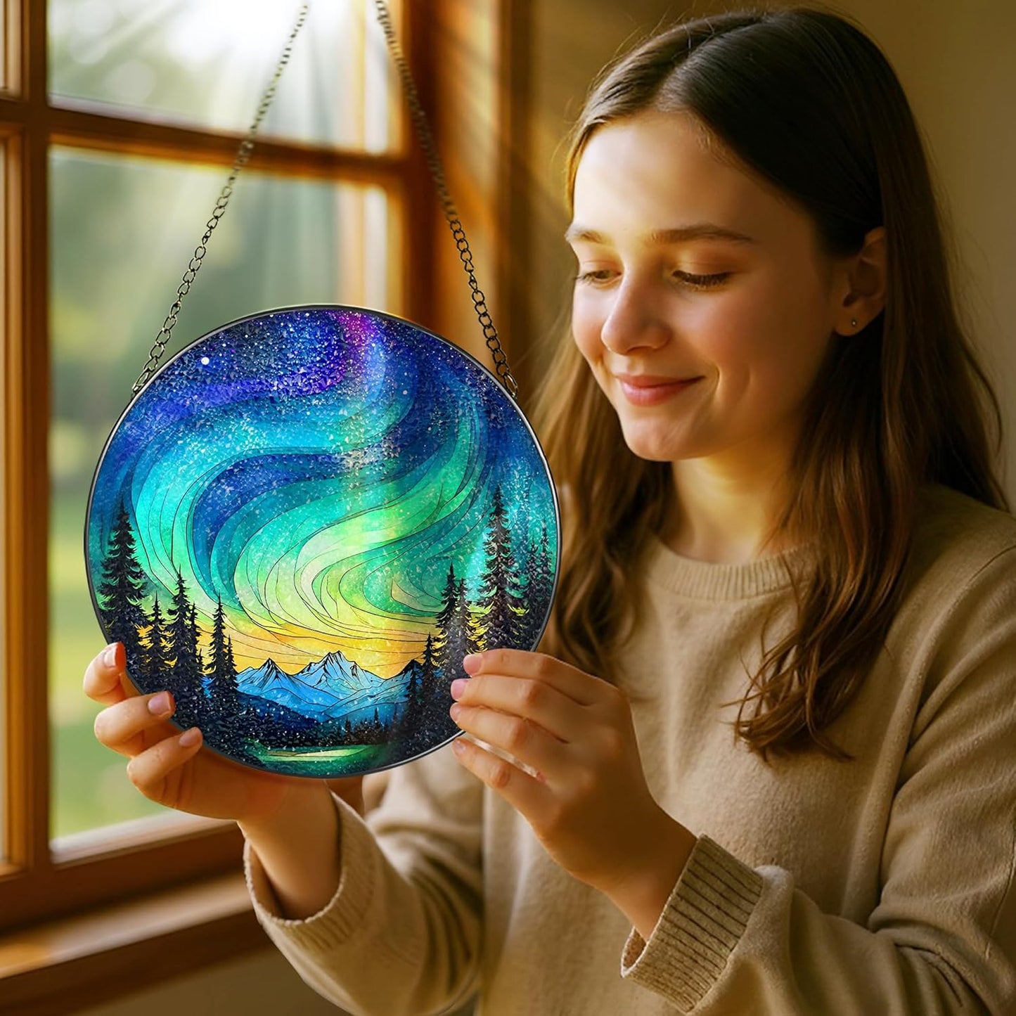 Stained Glass Window Hanging - 8 Inch Northern Lights Suncatcher for Window Doors Home Decoration, Valentine's Day Mother's Day Christmas Birthday Gifts for Women, Men, and Mom Grandma