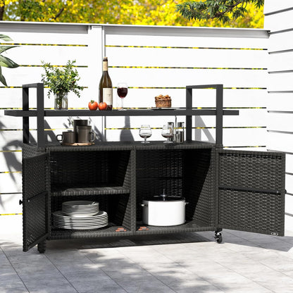DWVO Patio Bar Table,Outdoor Kitchen Island with Glass Top,Rattan Patio Storage Cabinet with Wheels,Bar Cart for Poolside and Backyard,Black