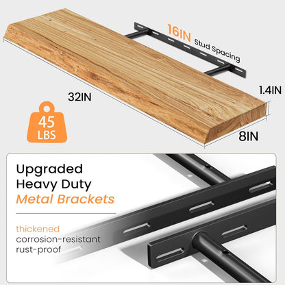Floating Shelves for Wall, 32" Live Edge Solid Elm Wood Floating Shelf, Wall-Mounted Display Shelves with Invisible Heavy-Duty Metal Bracket, Floating Shelf for Kitchen (Natural, Set of 2)