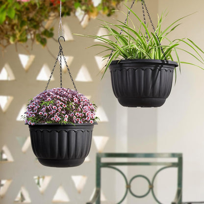 YIKUSH Planters for Outdoor Plants 2 Pack Black Plant Pots with Drainage Hole and Absorbing Tray Hanging Planters for Indoor Plants (12 inch, 3 Hooks)