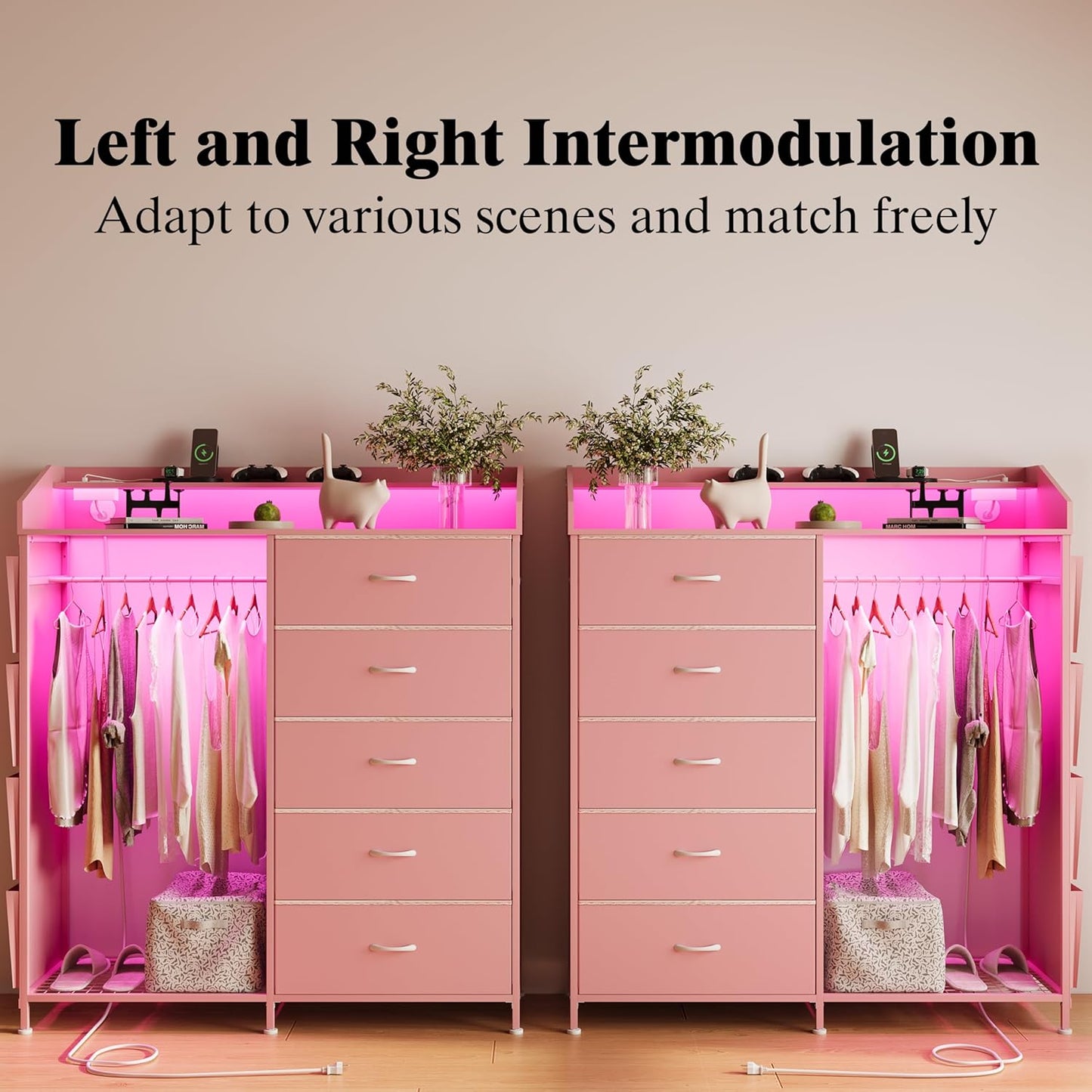 LUMTOK 2-in-1 Dresser with Hanging Racks,5 Fabric Drawers Dressers with LED Lights, Charging Station for Bedroom Living Room, Entryway, Closets (Pink)