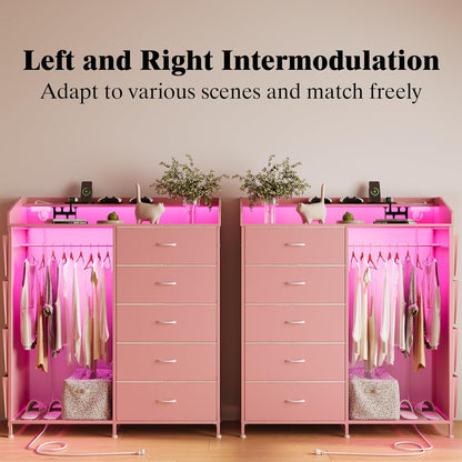 LUMTOK 2-in-1 Dresser with Hanging Racks,5 Fabric Drawers Dressers with LED Lights, Charging Station for Bedroom Living Room, Entryway, Closets (Pink)