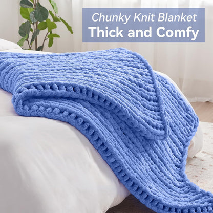 Chunky Knit Throw Blanket, 30''*40'' Knitted Throw Chenille Yarn for Bed Couch, Handmade Light Blue Crochet Big Thick Blanket, Machine Washable Cute Comfy Blanket for Home Decor
