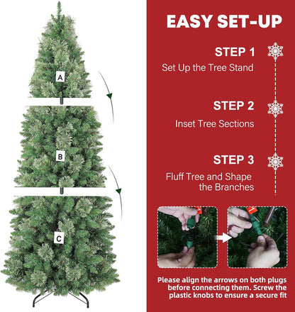 Hykolity 7.5ft Artificial Pre-lit Pencil Christmas Tree, Slim Christmas Tree with 300 Warm White LED Lights, 792 PVC Tips, Foldable Metal Stand and Hinged Branches