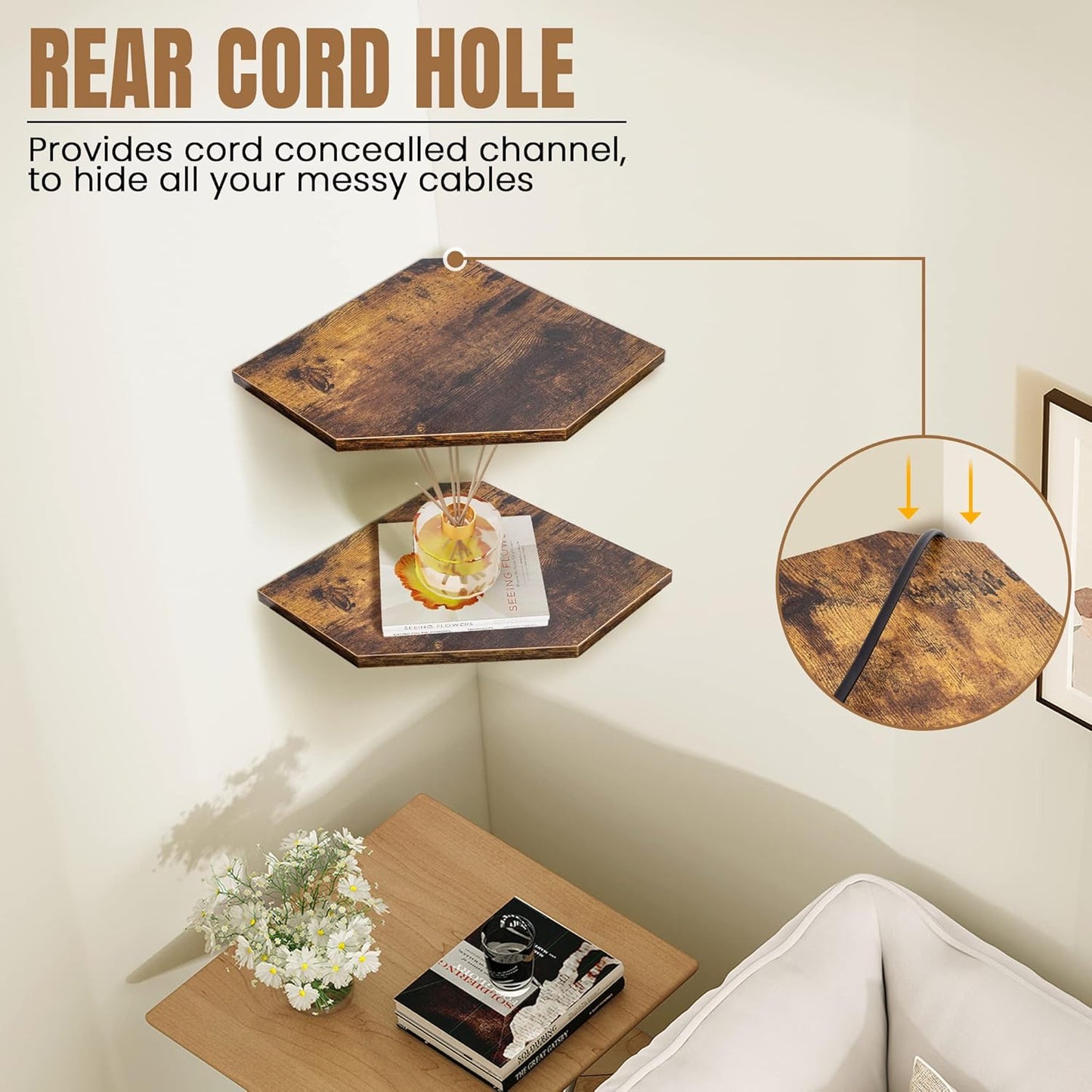 Corner Shelf Wall Mount, Floating Corner Shelves, Set of 4 Corner Wall Shelf Organizer, Rustic Wood Wall Storage Display Shelves for Living Room Bedroom Bathroom Kitchen, Rustic Brown