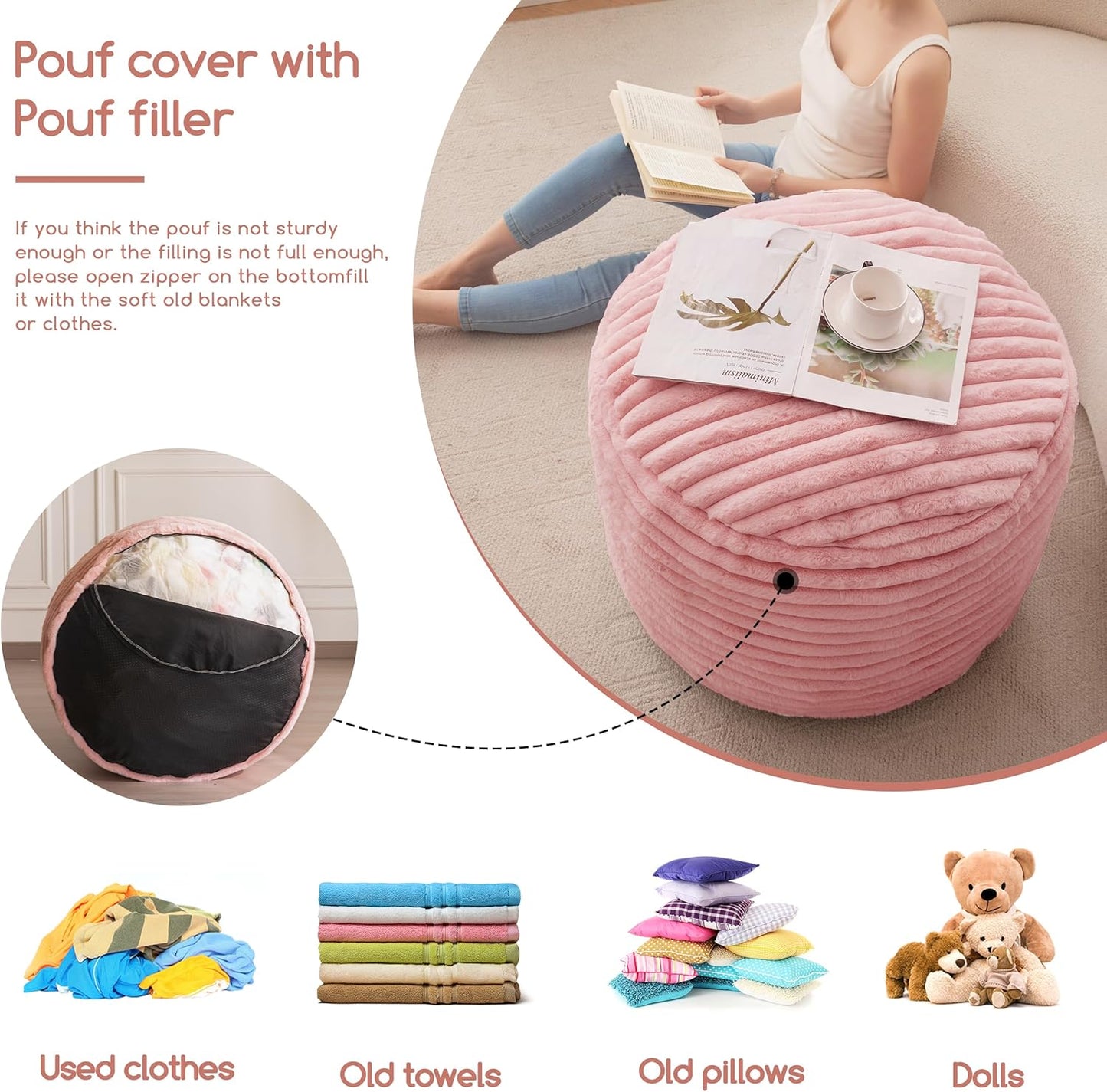 HIGOGOGO Round Stuffed Pouf Ottoman, Stripe Faux Fur Poufs with Foam Chunk Filling, Furry and Fluffy Pouf Foot Stool Storage Ottoman, 20 X 15 Floor Poufs Foot Rest for Living Room, Pink