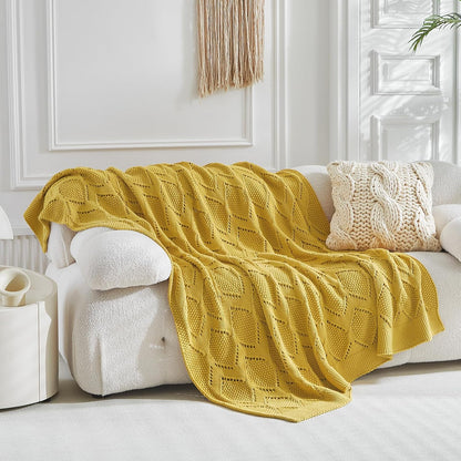 Longhui bedding Chunky Cotton Knit Throw Blanket for Couch, Sofa, Bed, or Chair, Decorative Breathable Fall Cable Knit Blanket 60 x 80 Inches, Large Mustard Yellow