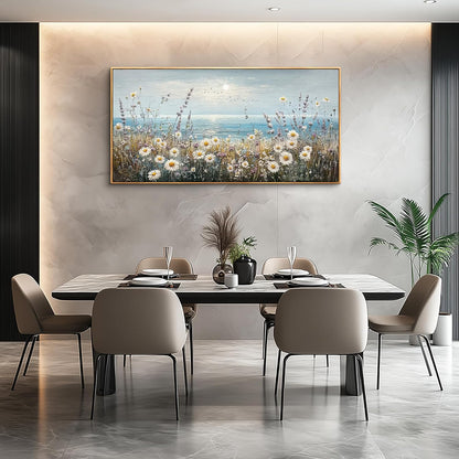 PHAOHUAXM Large Canvas Wall Decoration For Living Room Wall Art For Bedroom Office Decorations Blue Ocean Paintings Flowers Watercolour Wall Pictures Canvas Artworks Home Decor Wood Framed 24x48 In