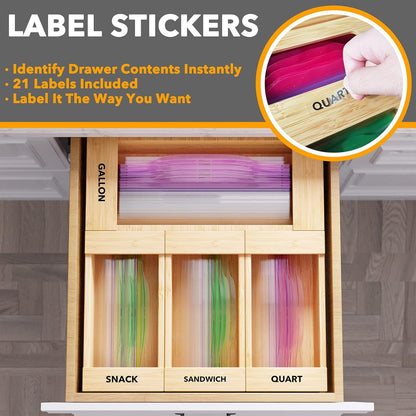 SpaceAid Bag Storage Organizer for Kitchen Drawer, Bamboo Organizer, Compatible with Gallon, Quart, Sandwich and Snack Variety Size Bag (4 Pack), 2.5" High
