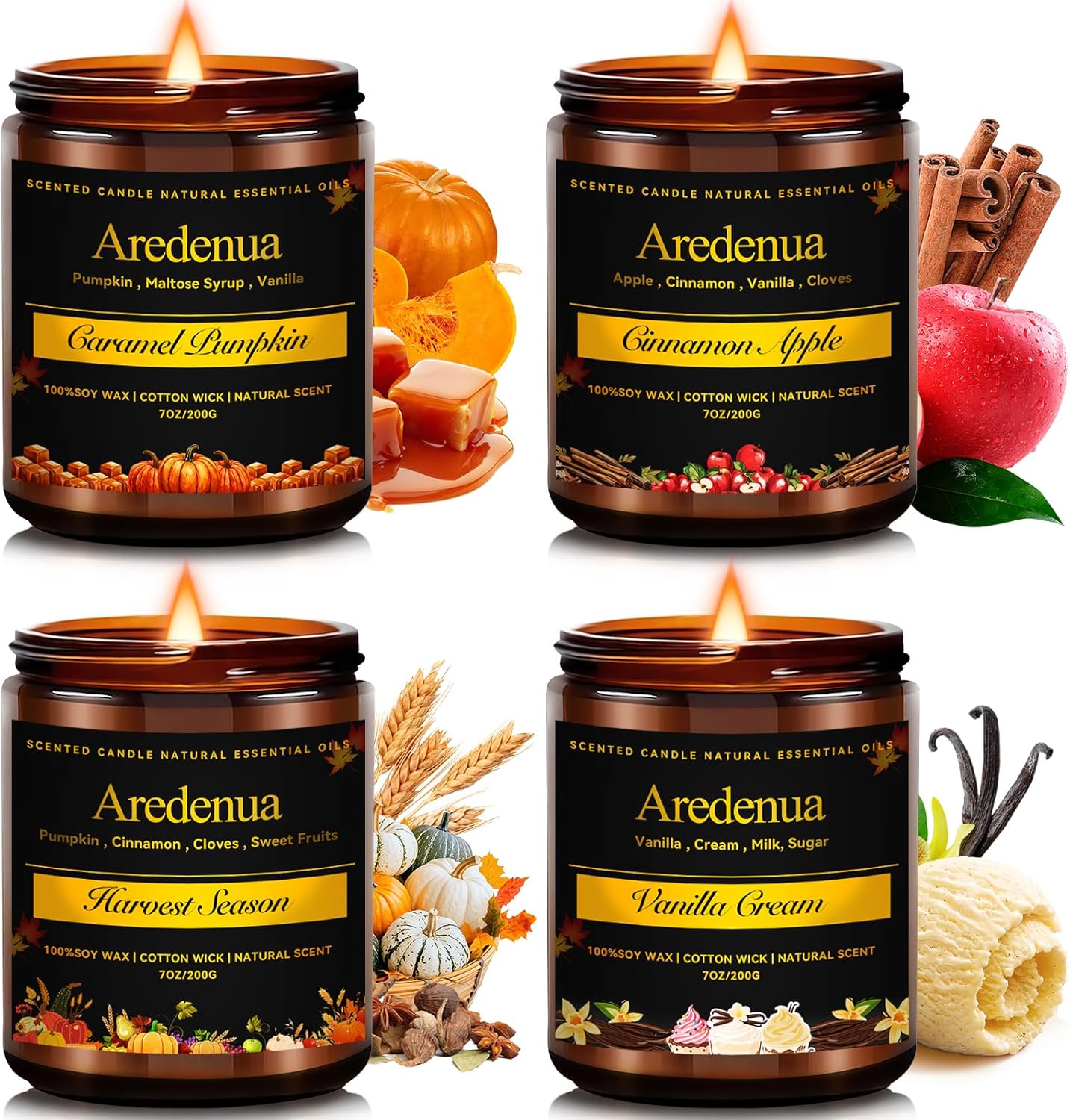 Fall Candles Set | 4 Pack Autumn Scented Candles - Fall Candle Gifts for Women Men, Soy Candles for Home Scented - Autumn Scent of - Pumpkin/Cinnamon Apple/Harvest/Vanilla Cream