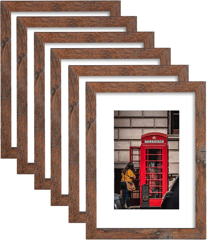 8x10 Picture Frame Set of 6, Display Pictures 5x7 with Mat or 8x10 Without Mat for Wall Mounting, Rustic Brown