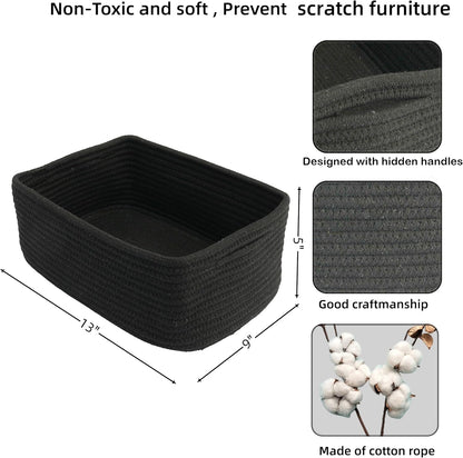 Small Woven Storage Baskets 13“X9”X5“ Decorative Rope Bins for Organizing Shelves, Closets, and Toys, Empty Gift Baskets, Cute Organizer Basket for Home and Office (black, Large)