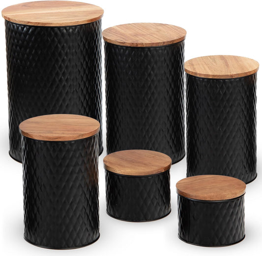 6 Canister Set for the Kitchen Countertop – Metal Food Storage Canisters with Airtight Lids for Flour, Tea, Crafts, Coffee, & Sugar – Container Set with Modern Wood Lids, Black