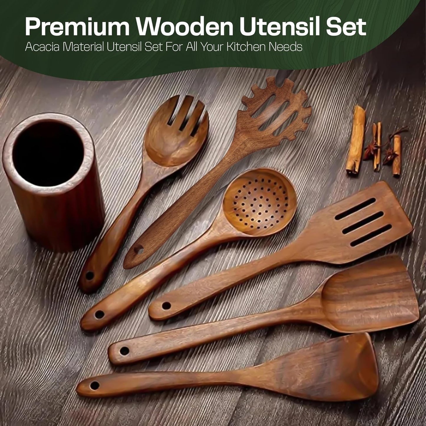 Wooden Spoons for Cooking Set of 10 - Cooking Utensils with Spoon Rest & Holder – Comfortable Grip & Easy to Clean - Wooden Spoon Set for Kitchen with four Hanging Hooks