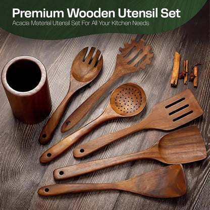 Wooden Spoons for Cooking Set of 10 - Cooking Utensils with Spoon Rest & Holder – Comfortable Grip & Easy to Clean - Wooden Spoon Set for Kitchen with four Hanging Hooks