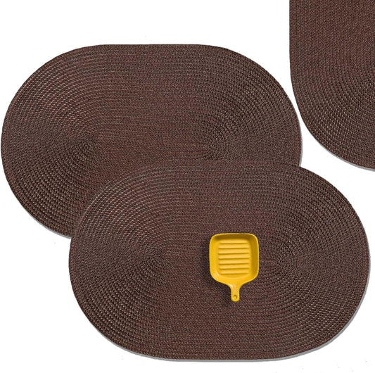 AHHFSMEI Placemats Set of 4 for Dining Table Washable Woven Vinyl Non-Slip 18x12 inches Placemat Heat-Resistant Durable Table Mats for Dining Table Easy to Clean (Oval Brown, 4)
