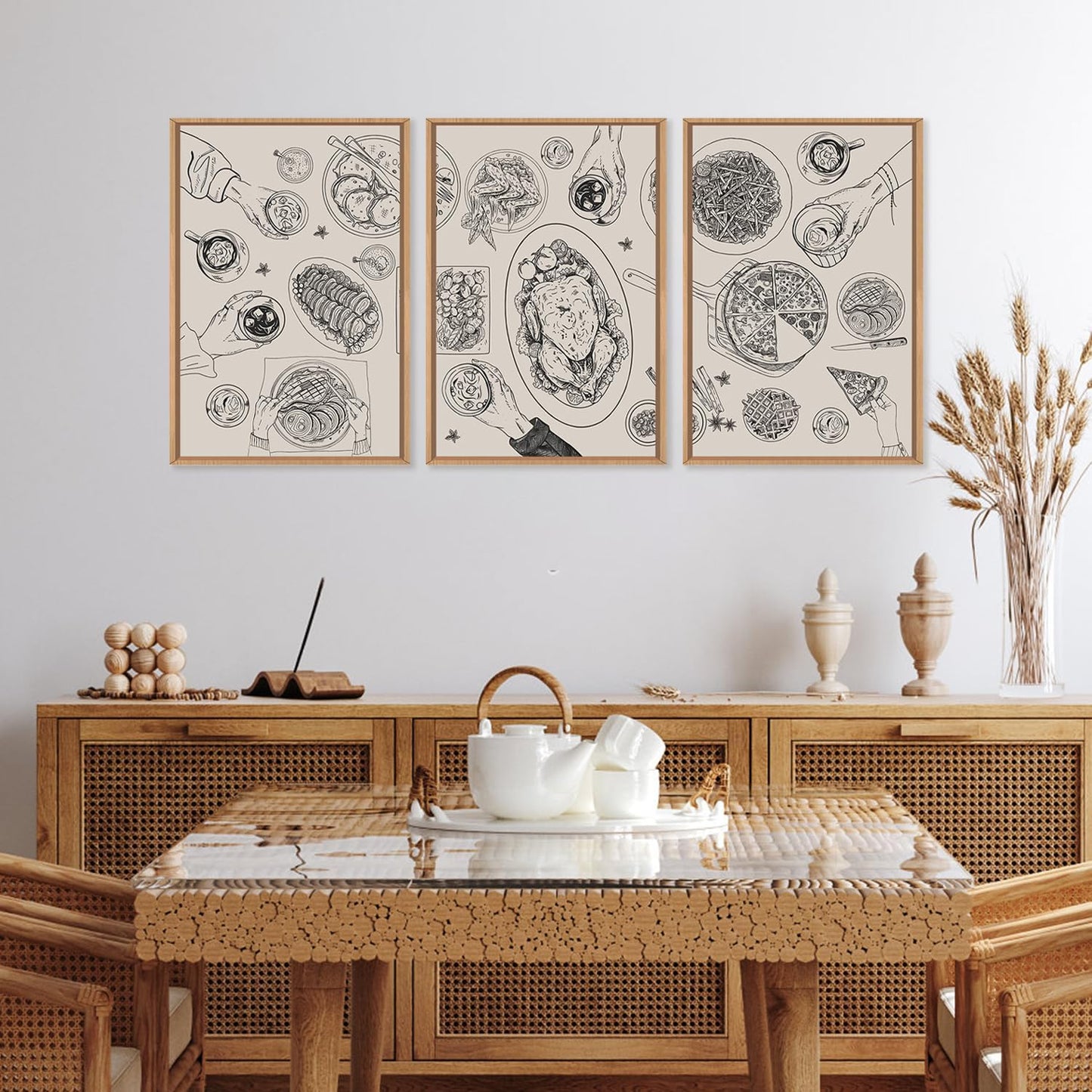 HPINUB Vintage Food and Drink Framed Canvas Wall Art Set,Sketch Pizza Cheers Wall Decor,Thanksgiving Dinner Turkey Artwork,Black and white Art Prints for Kitchen,Dining Room,Gatherings Decor-16"x24"x3