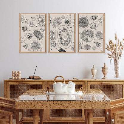 HPINUB Vintage Food and Drink Framed Canvas Wall Art Set,Sketch Pizza Cheers Wall Decor,Thanksgiving Dinner Turkey Artwork,Black and white Art Prints for Kitchen,Dining Room,Gatherings Decor-16"x24"x3